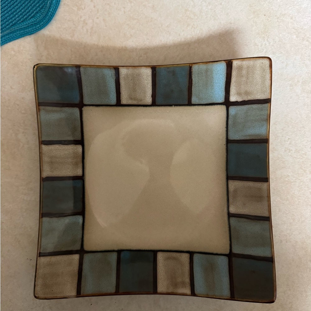 Square Ceramic Dinner Plate with Blue and Cream Accents
